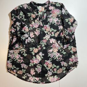 No Boundaries Jrs Top Sz XL 15-17 Sleeveless Sheer Black Pink Floral 3/4 Sleeve